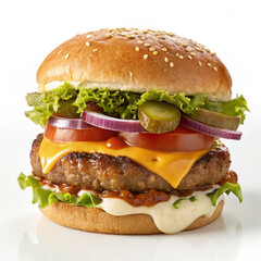 Close up delicious restaurant style cheesy beef burger isolated on white background, fast junk food