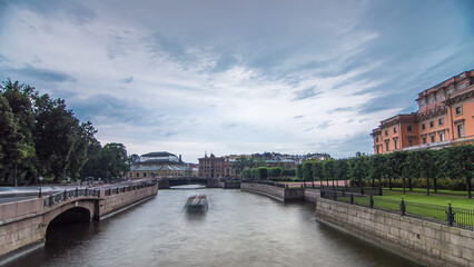 View of the Embankment of the river Moyka and Mikhailovsky Castle timelapse hyperlapse. Saint Petersburg. Russia.