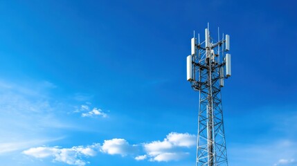 Telecommunication Tower Against Clear Blue Sky with Clouds, Modern Communication Technology Structure