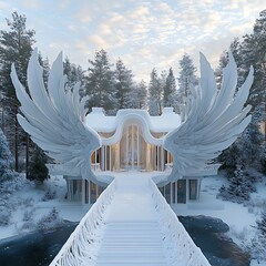 Unique Winter Villa Surrounded by Snowy Forest and Crystal Clear Lake Photo