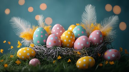 A nest filled with colorful easter eggs sitting on top of a lush green field
