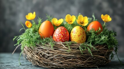 A nest filled with colorful eggs and yellow flowers