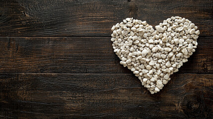 Heart made of small white pebbles on dark wooden surface, symbolizing love