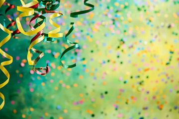 Fototapeta premium Green background with colorful confetti and a yellow ribbon. The ribbon is in the middle of the confetti and is the only thing that is not green