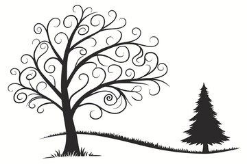 Fototapeta premium simple curly Christmas tree black silhouette color and a white background
