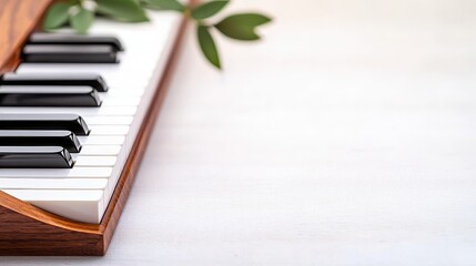 Elegant Piano Keys with Green Leaves on a Soft Background