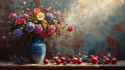 Fototapeta premium Floral still life; vase, fruit, and grapes.