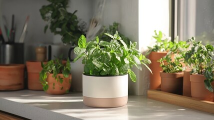 Fototapeta premium A planter sitting on top of a kitchen counter next to a window