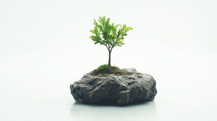 A small tree growing out of a rock on a white surface