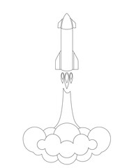 Taking off starship - vector linear picture for coloring. The rocket takes off in a cloud of smoke and dust. Outline. Spaceship - space transport.	