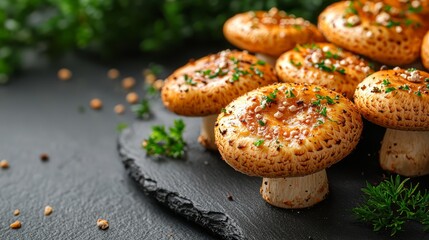 A bunch of mushrooms sitting on top of a black plate