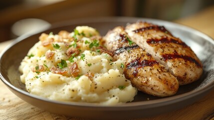 Photorealistic image showcasing mashed potatoes and grilled chicken on rustic setting