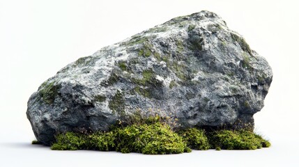 A large rock covered in green moss on a white background