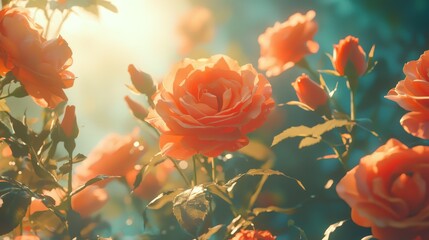 A bunch of orange roses with the sun shining through them