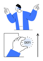Person in VR headset points confidently. Hand holds DEFI coin arrow rises. Ideal for finance technology, innovation, development, empowerment, progress, future. Line metaphor