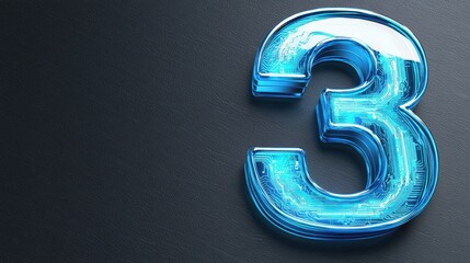 Futuristic Blue Number Three with Circuit Design on Dark Background