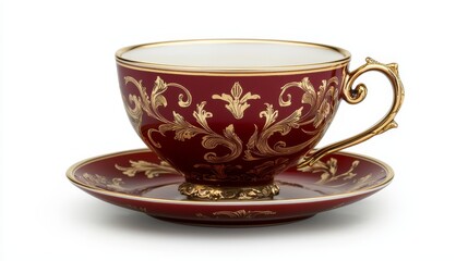 A red and gold cup and saucer on a white background