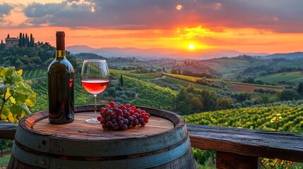 A bottle of wine and a glass of red wine on a wooden barrel