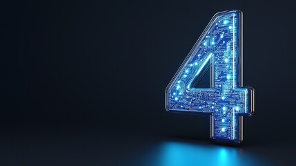 Illuminated Digital Number Four with Circuit Patterns and Glow Effects