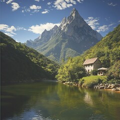 Fototapeta premium Serene mountain landscape with a tranquil river and a rustic house.