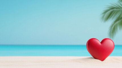 Fototapeta premium Heart Symbol on Sandy Beach with Turquoise Ocean and Palm Tree in the Background for Romantic Themes