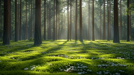Fototapeta premium A forest filled with lots of green grass and trees