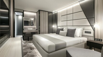 Fototapeta premium A bedroom with a large bed and a desk