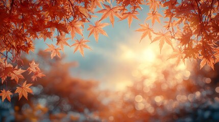 A close up of a tree with orange leaves against a blue sky
