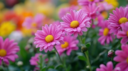 Obraz premium A bunch of pink flowers with yellow centers in a field