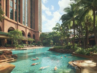 Fototapeta premium Serene pool area with koi fish, surrounded by lush greenery and buildings.