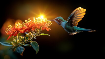 Obraz premium A hummingbird is flying near a flower with the sun in the background