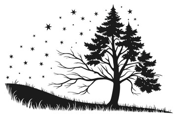 simple hand-drawn Christmas tree with stars on it, a black silhouette color and a white background