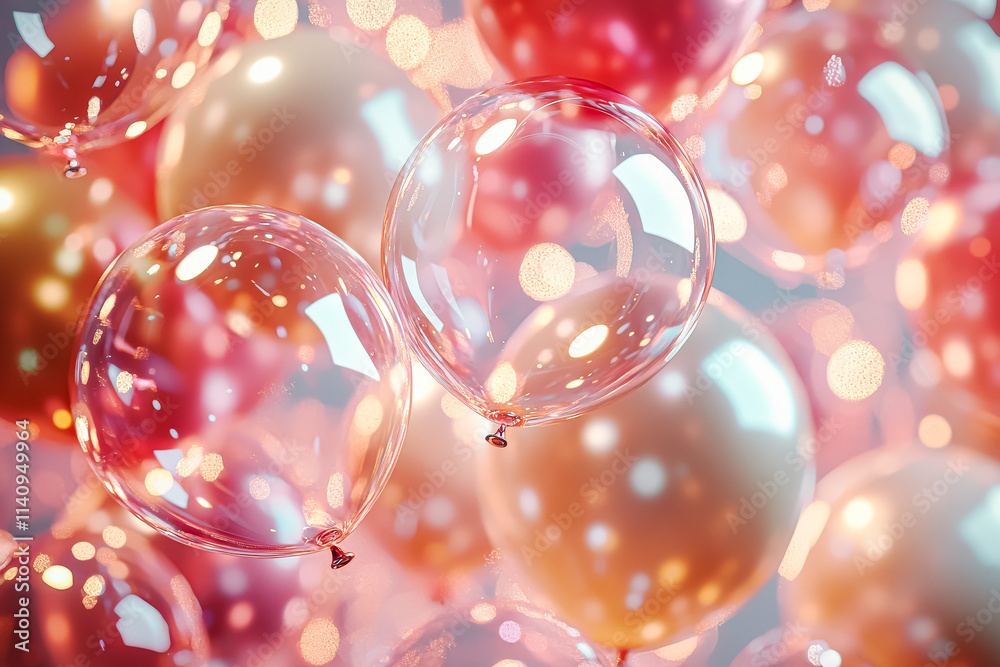 Wall mural bunch of balloons with different colors and sizes are hanging from the ceiling. the image has a fest