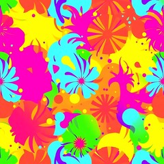 Vibrant Floral Fiesta: A seamless pattern explodes with a kaleidoscope of bright, stylized flowers in bold, neon hues. Perfect for adding a playful, energetic touch to any design project. 