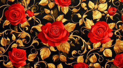 Red Roses and Gold Vines Elegant Floral Pattern