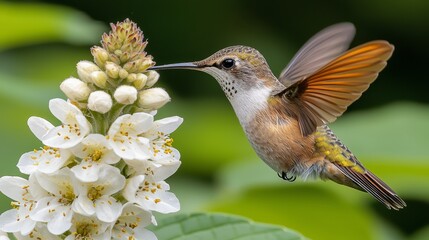 A hummingbird is flying near a white flower
