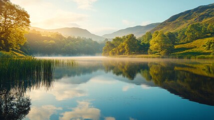 Misty Lake with Reflections and Lush Green Hills