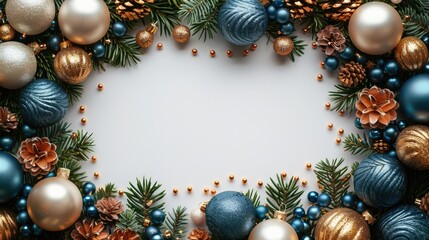 A festive arrangement of ornaments and pine, perfect for holiday greetings or decorations.