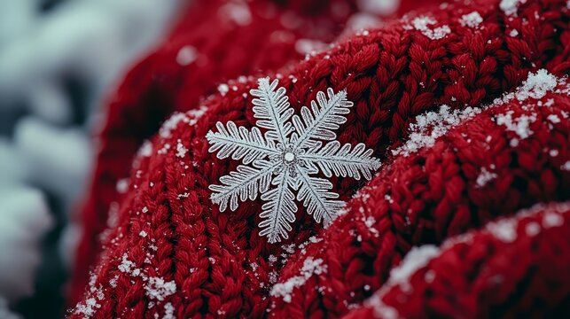 A snowflake on a red knitted hat in the snow