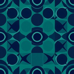 Teal Geometric Pattern: A vibrant, abstract seamless pattern with a mesmerizing blend of teal and navy blue hues. The design features intricate geometric shapes.