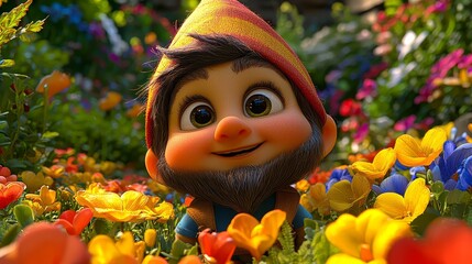 A cartoon gnome in a field of flowers