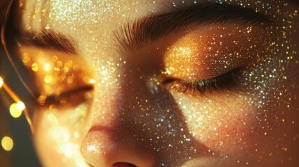 Close-up of Face with Golden Glitter Makeup