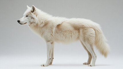 Obraz premium Isolated polar white arctic wolf standing in the snow, a beautiful beast predator with fur. this wild canine embodies nature untamed beauty in the cold tundra.