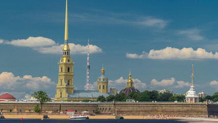 Peter and Paul Fortress across the Neva river timelapse hyperlapse, St. Petersburg, Russia