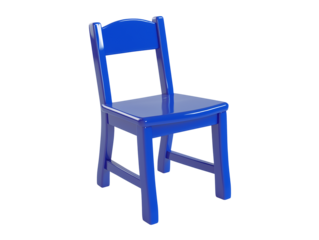 Bright blue wooden chair designed for children's playroom or classroom setting in a cozy environment
