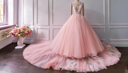 Obraz premium closeup pink wedding dress in bridal salon room background banner front view of stylish dress for wedding day beautiful clothes for bride copy space ai generative