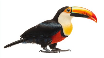 A colorful bird with a big beak on a white background