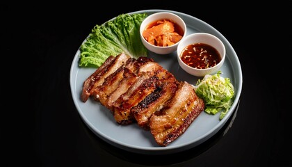 grilled samgyeopsal pork belly platter served with kimchi lettuce and dipping sauces against a sleek black background