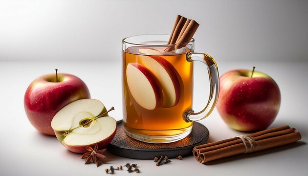 warm spiced apple cider in a rustic glass mug with cinnamon sticks and apple slices on a simple white background
