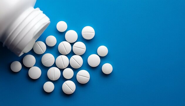 macro top view of white diazepam pills and tablets pouring from a medication bottle with space for text